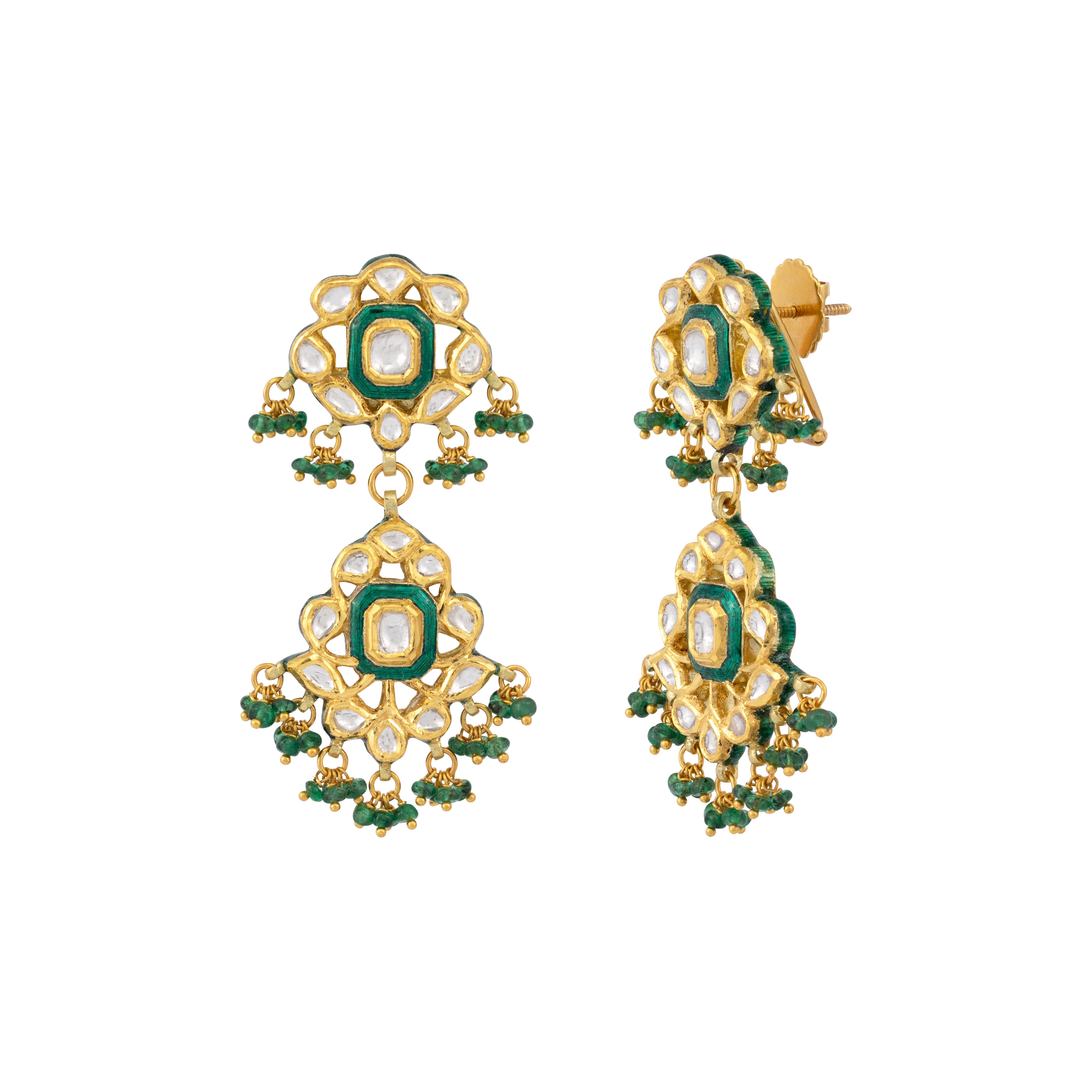 Double-Tier Polki Earrings with Green Meenakari